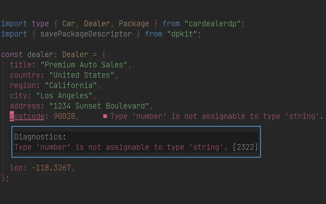 Das TypeScript-SDK von Cardealer DP in einem Editor, in dem die Typprüfung eine Zahl beanstandet, die einem Textfeld im Datensatz eines Autohauses zugewiesen wurde