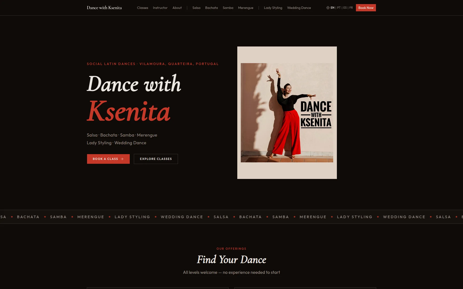 The Dance with Ksenita site as it is published today, a multilingual marketing site for social dance classes.