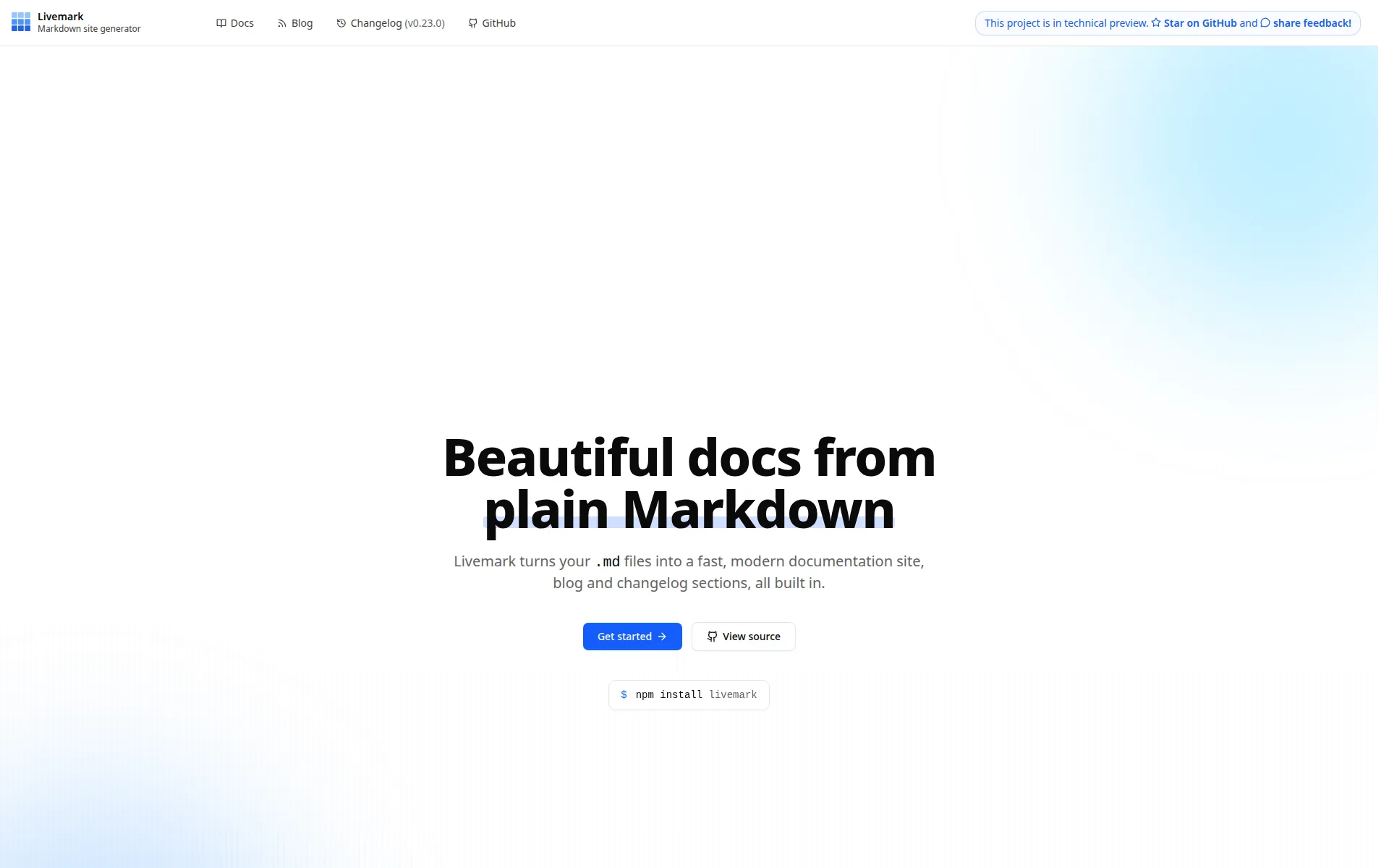 The Livemark documentation site, generated by Livemark itself from plain Markdown.