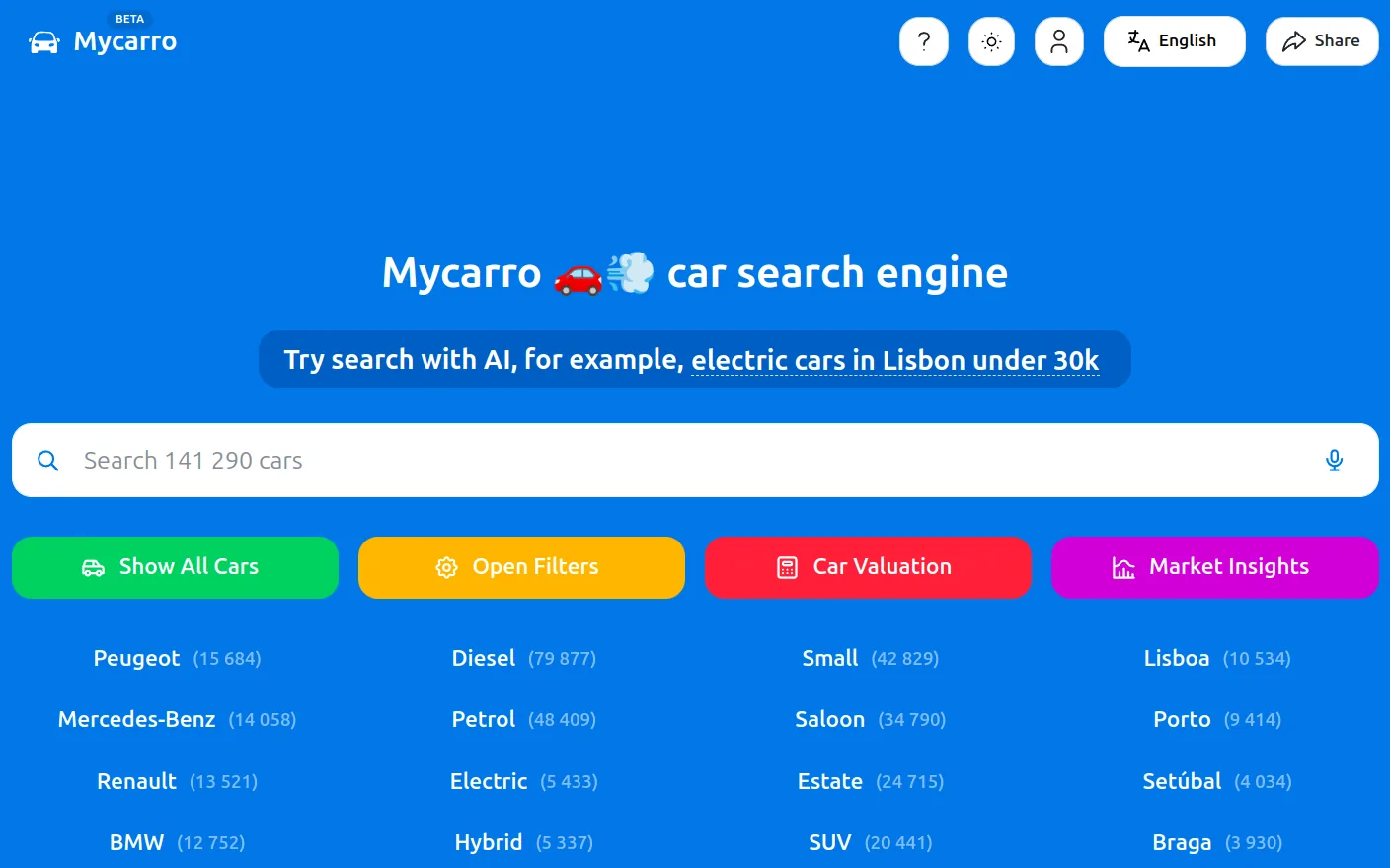 The Mycarro car search engine as it runs today, searching across its live Portuguese listings.