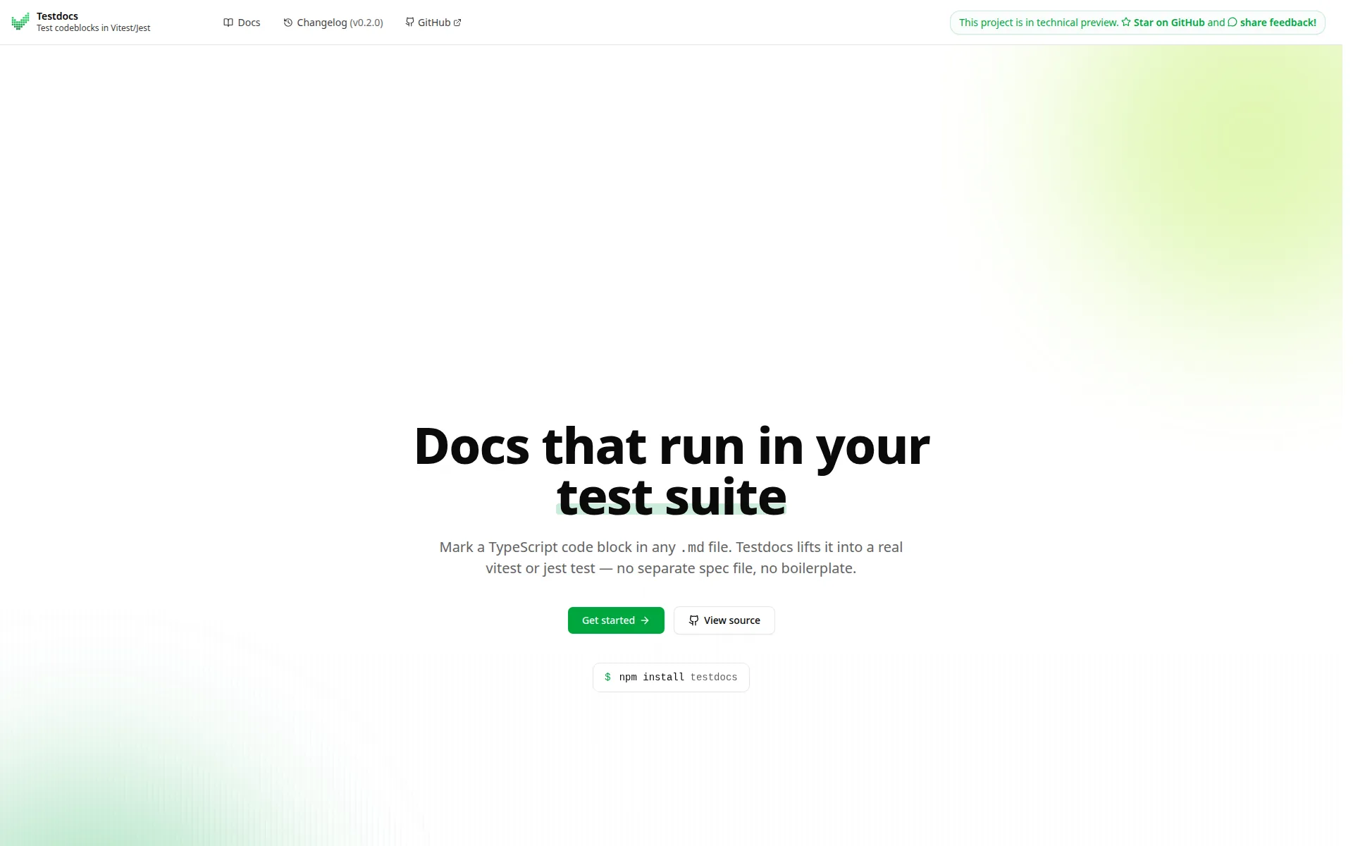 The Testdocs documentation site, showing how Markdown code blocks are run as real tests.