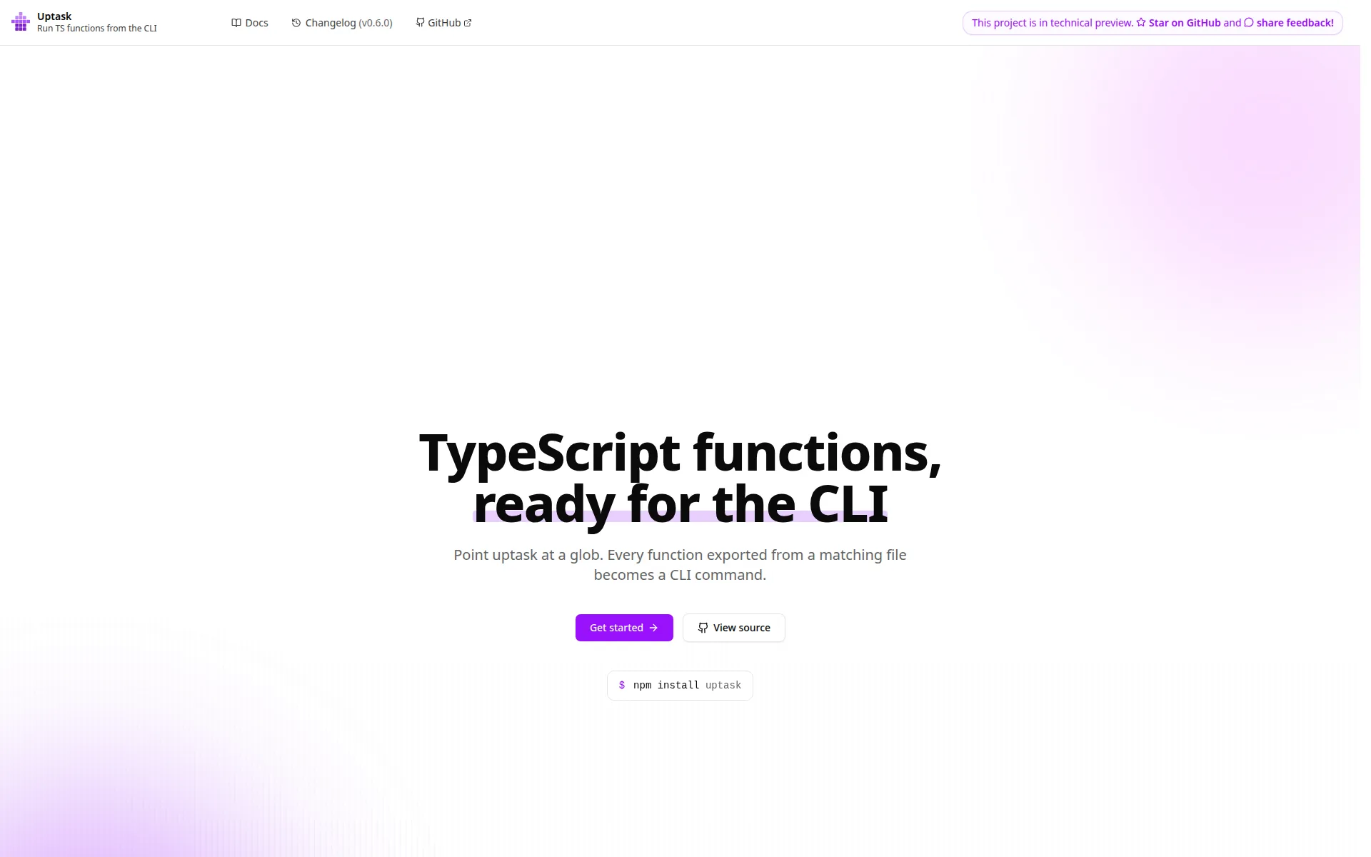 The Uptask documentation site, showing how an exported TypeScript function becomes a CLI command.
